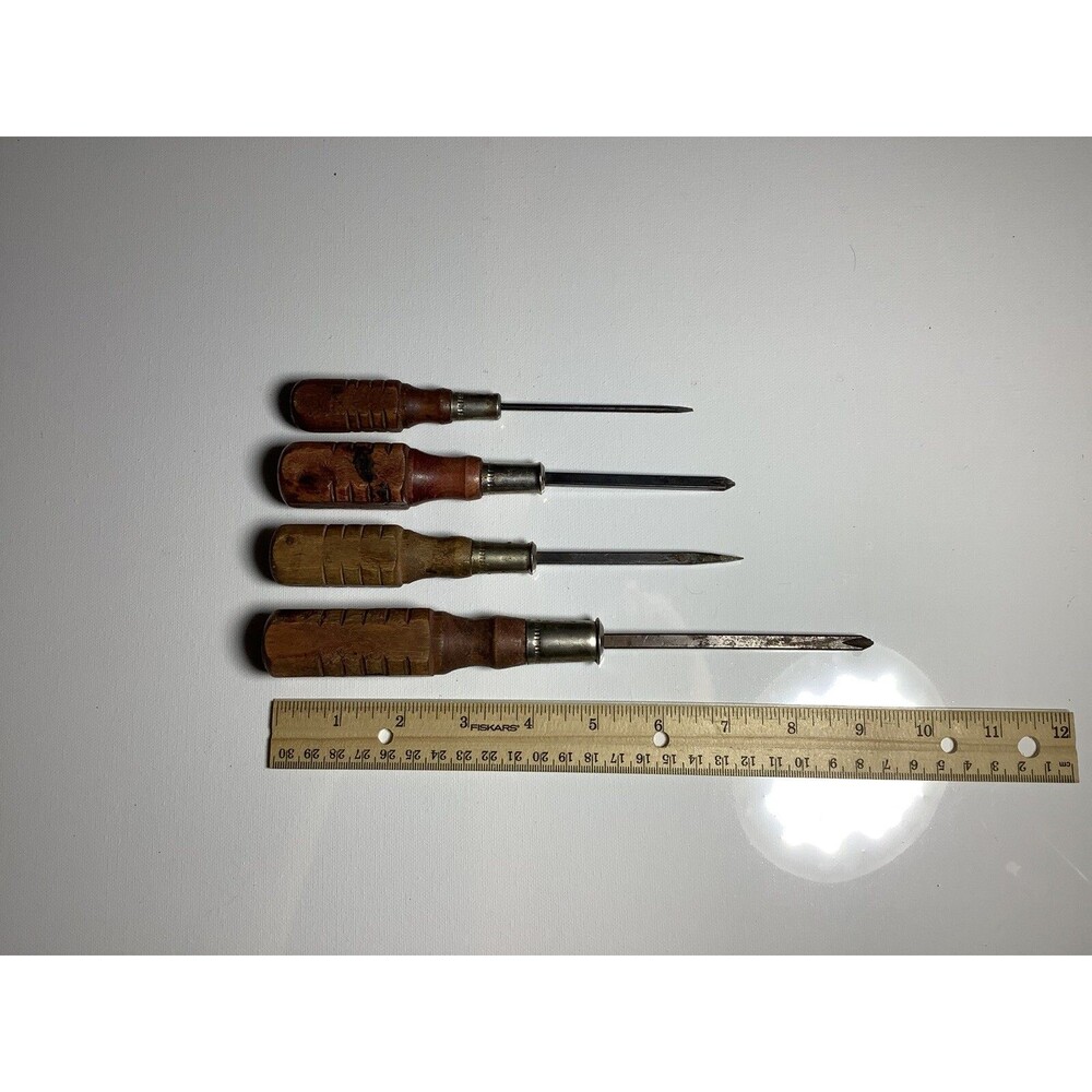 Set Of 4 Vintage Screwdrivers, Wood Handle